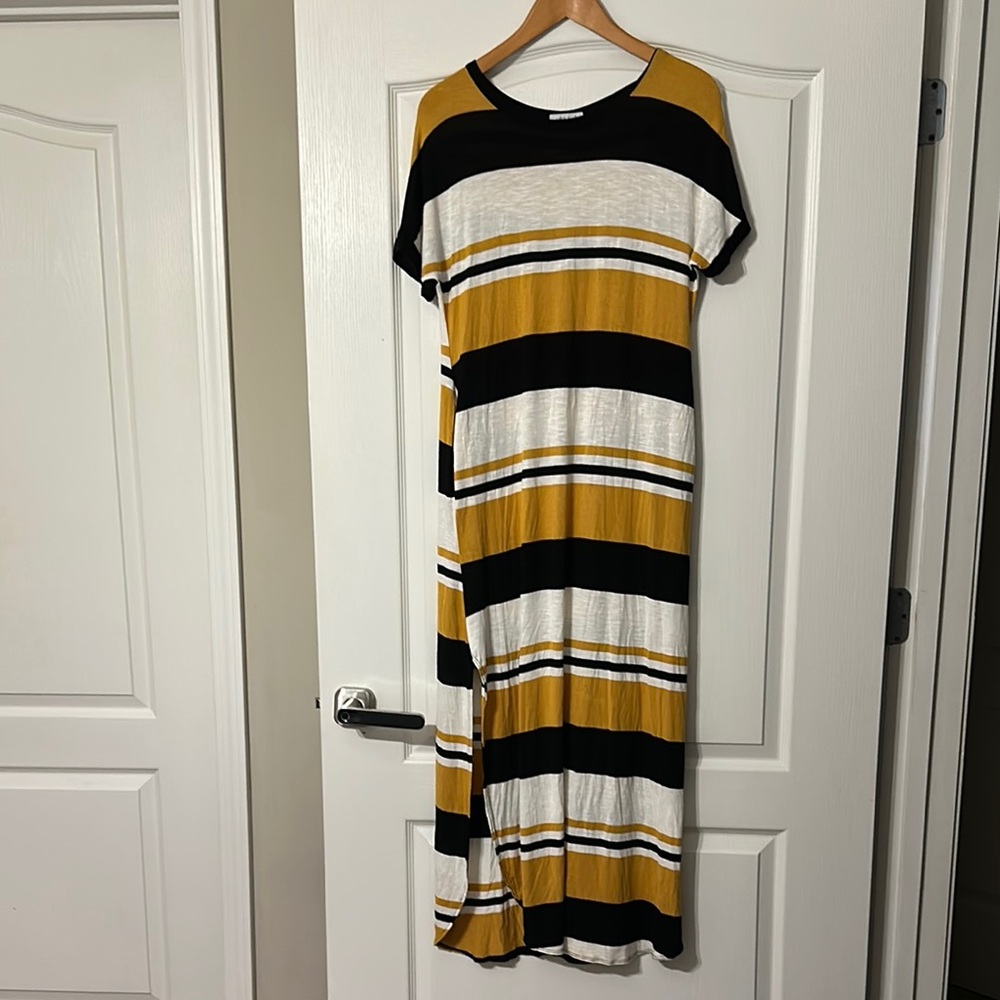 Striped Black, White, and Old Gold Maxi Dress